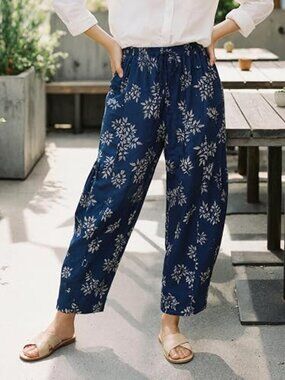 Yousify Women's Navy Blue Wide Leg Flowy Floral Palazzo Pants Elastic Waist-XL